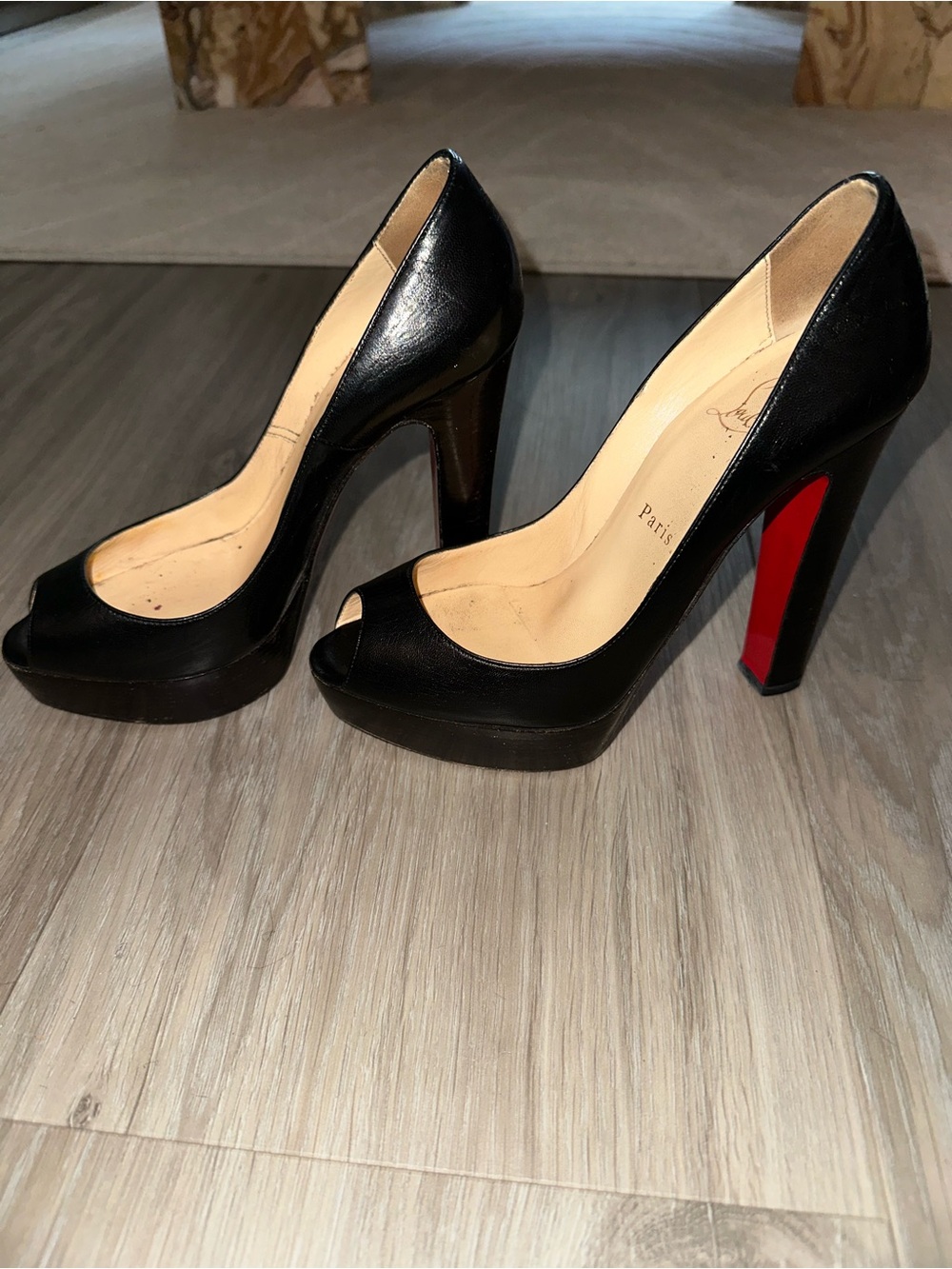 Christian Louboutin Black Leather Peep-Toe Platform Pumps with Red Sole